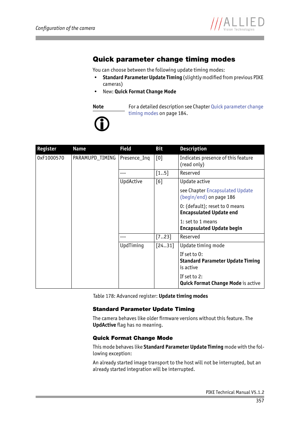 Quick parameter change timing modes, Standard parameter update timing, Quick format change mode | See chapter, 0, see, Table 178: advanced register: update timing, Modes, Ee chapter | ALLIED Vision Technologies Pike F-1600 User Manual | Page 357 / 391