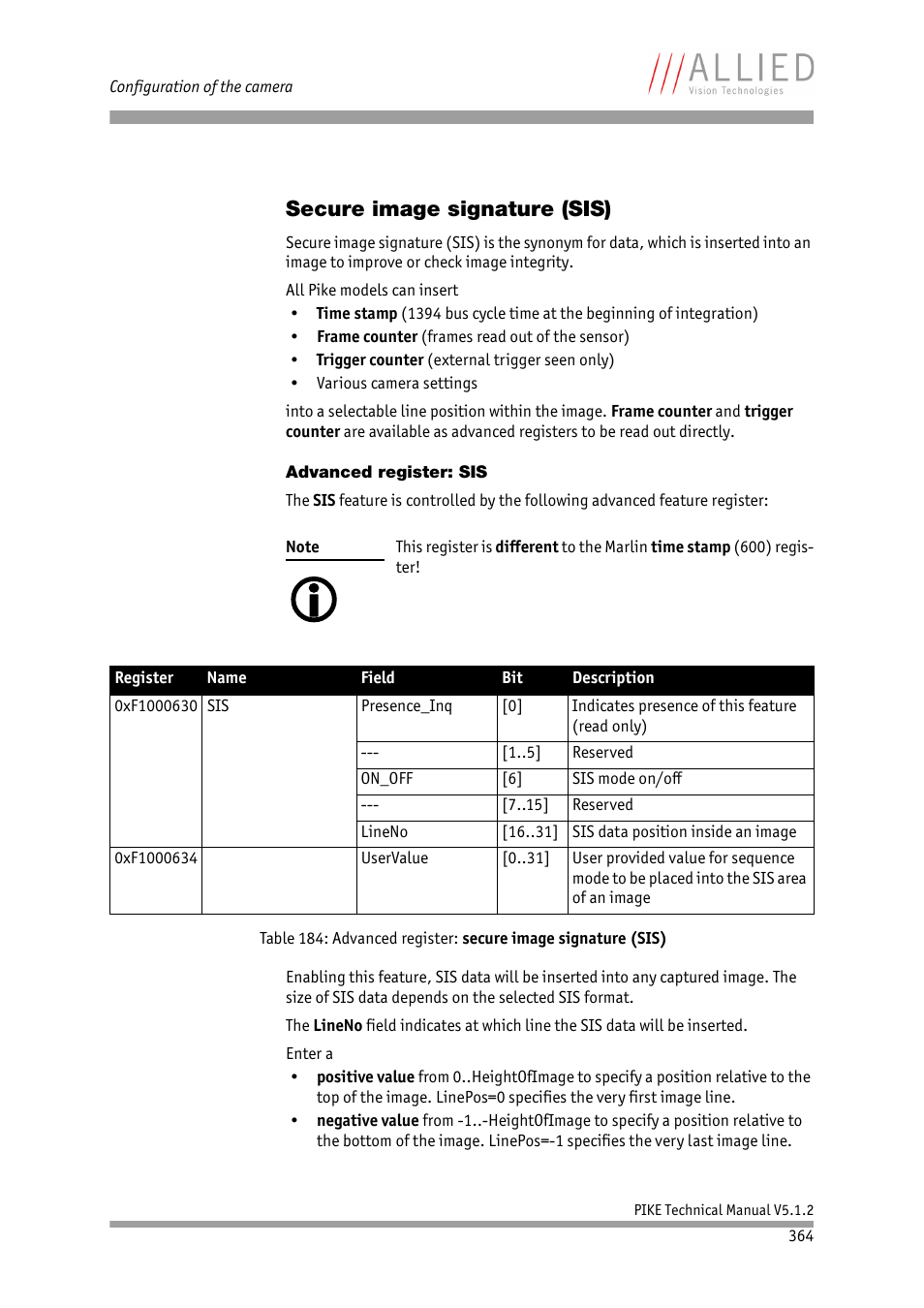 Secure image signature (sis), Advanced register: sis, Vised chapter | ALLIED Vision Technologies Pike F-1600 User Manual | Page 364 / 391