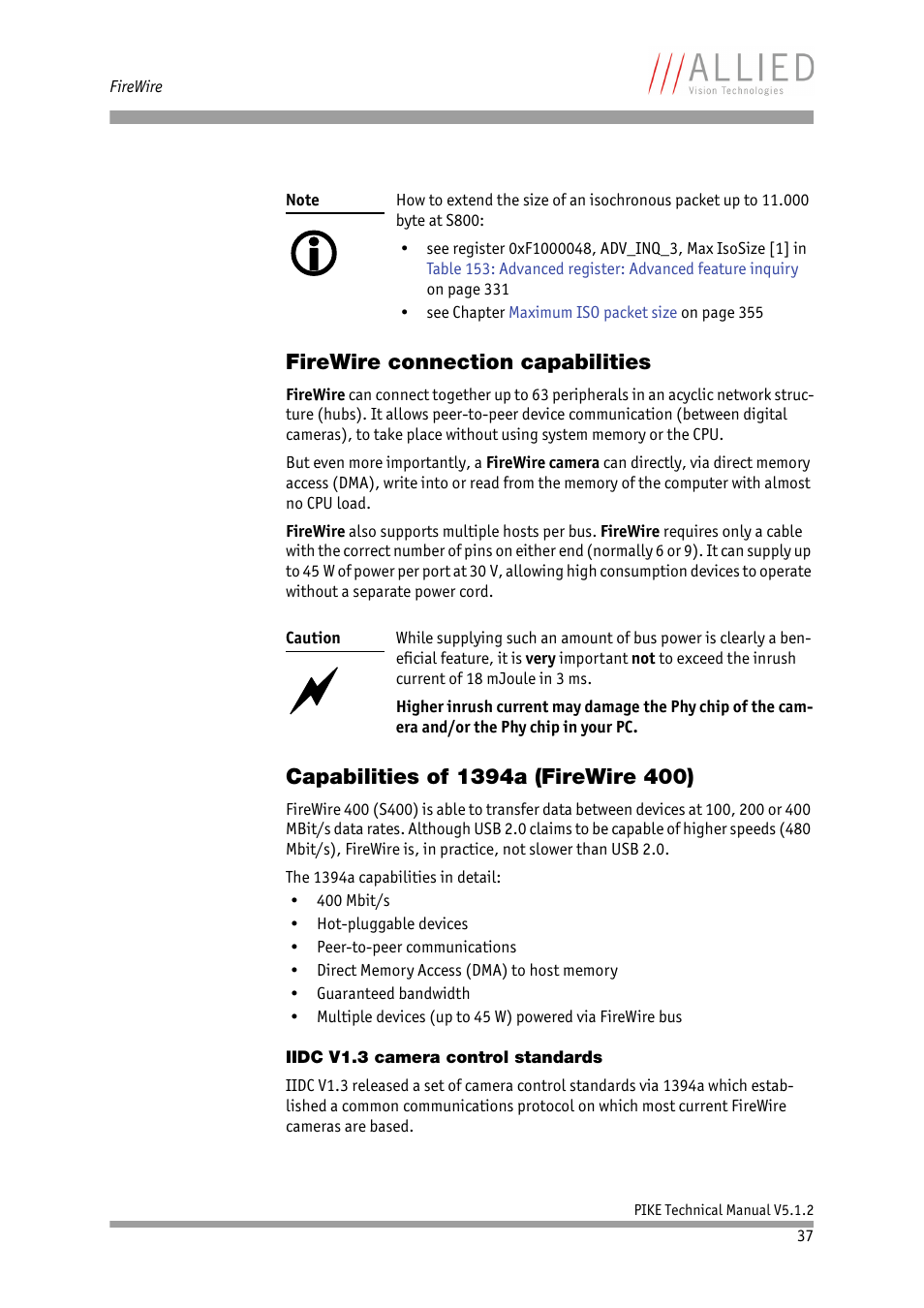 Firewire connection capabilities, Capabilities of 1394a (firewire 400), Iidc v1.3 camera control standards | ALLIED Vision Technologies Pike F-1600 User Manual | Page 37 / 391