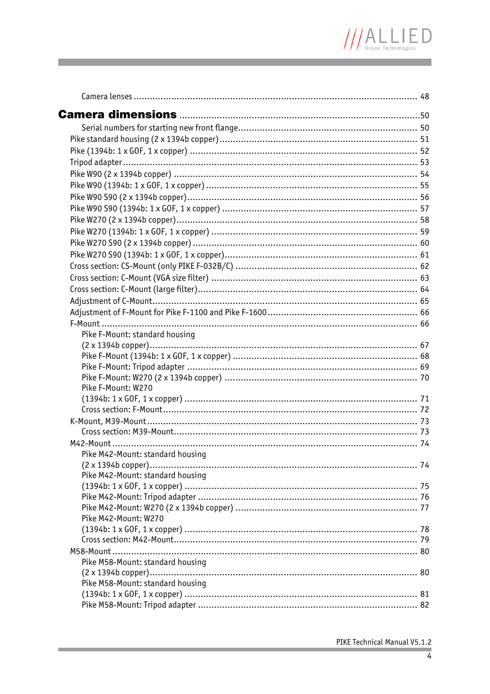 Camera dimensions | ALLIED Vision Technologies Pike F-1600 User Manual | Page 4 / 391