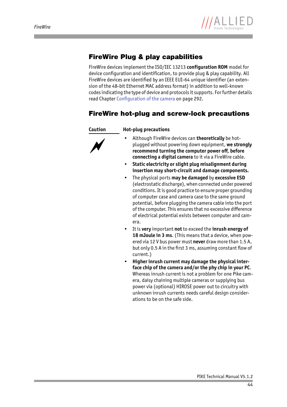 Firewire plug & play capabilities, Firewire hot-plug and screw-lock precautions, Cautions in chapter | Firewire hot-plug and screw-lock precau, Tions, In chapter | ALLIED Vision Technologies Pike F-1600 User Manual | Page 44 / 391