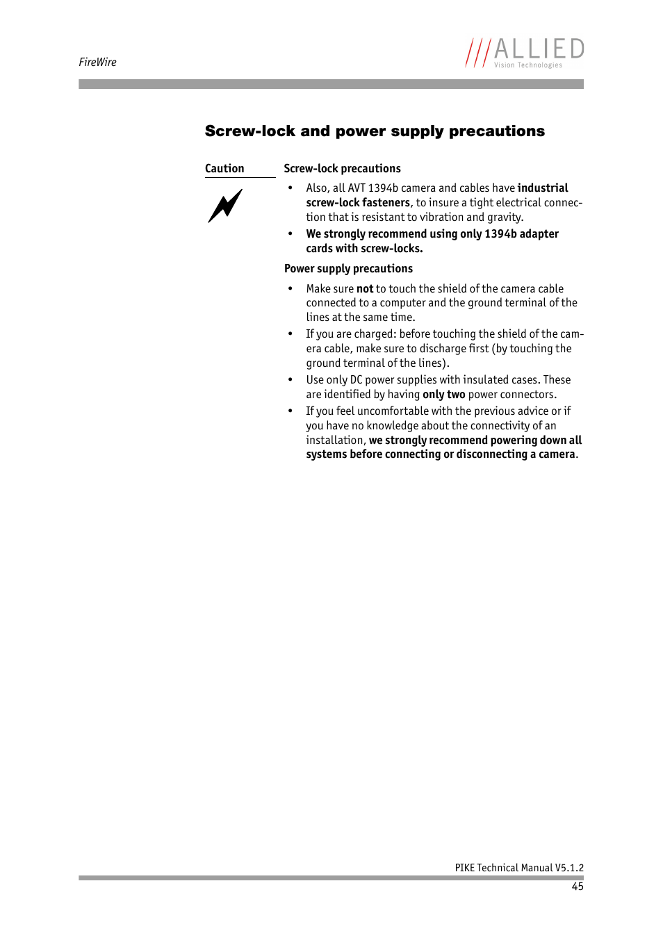 Screw-lock and power supply precautions | ALLIED Vision Technologies Pike F-1600 User Manual | Page 45 / 391