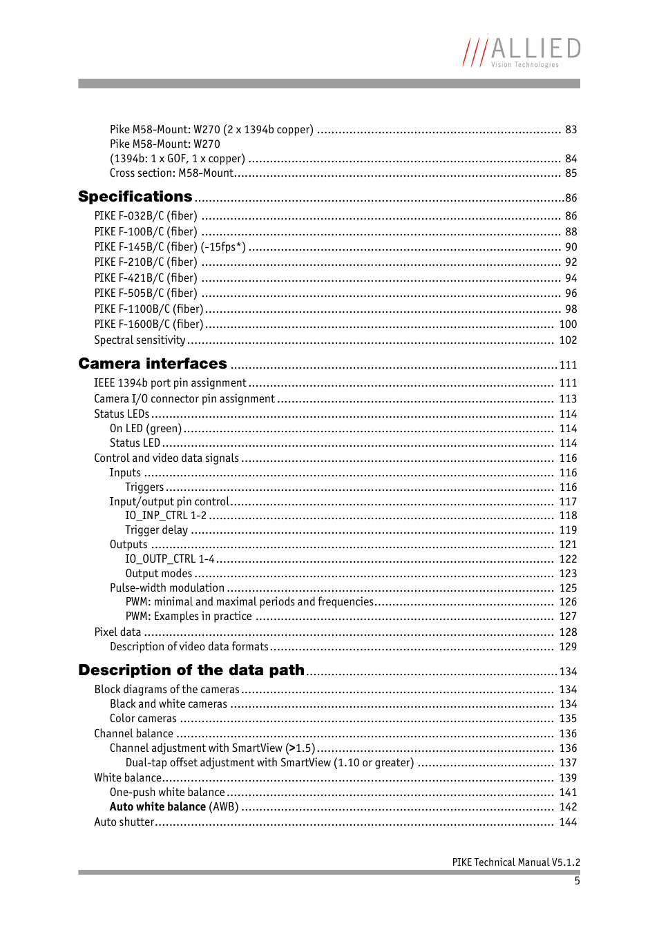 Specifications, Camera interfaces, Description of the data path | ALLIED Vision Technologies Pike F-1600 User Manual | Page 5 / 391