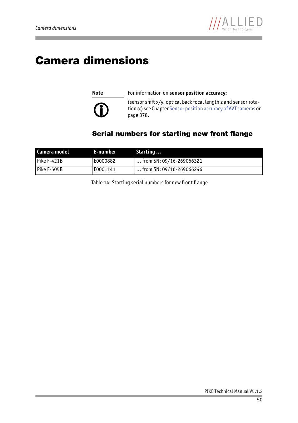 Camera dimensions, Serial numbers for starting new front flange, Chapter | Serial numbers for starting new front, Flange, W270 models: chapter | ALLIED Vision Technologies Pike F-1600 User Manual | Page 50 / 391