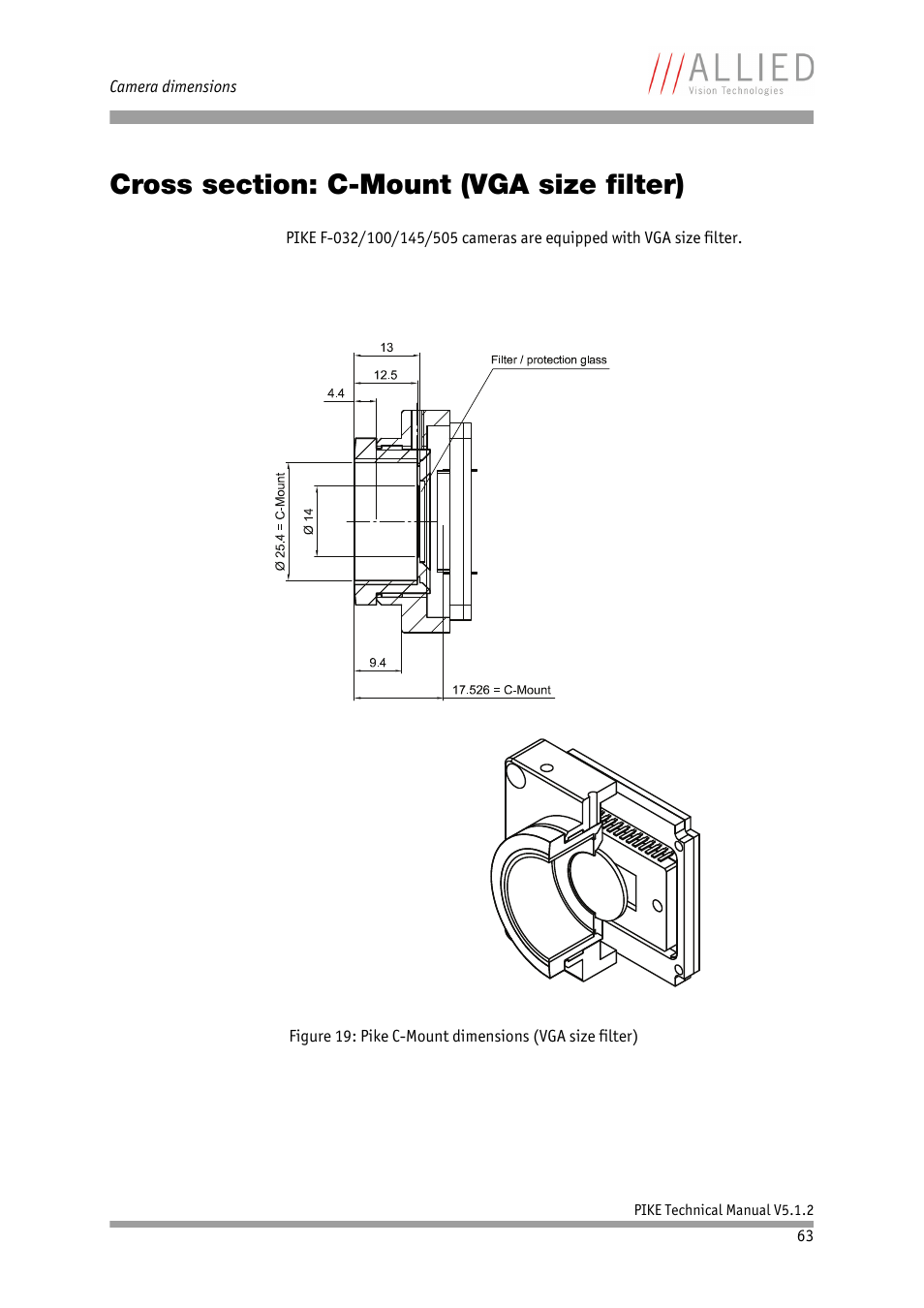 Cross section: c-mount (vga size filter), Chapter | ALLIED Vision Technologies Pike F-1600 User Manual | Page 63 / 391