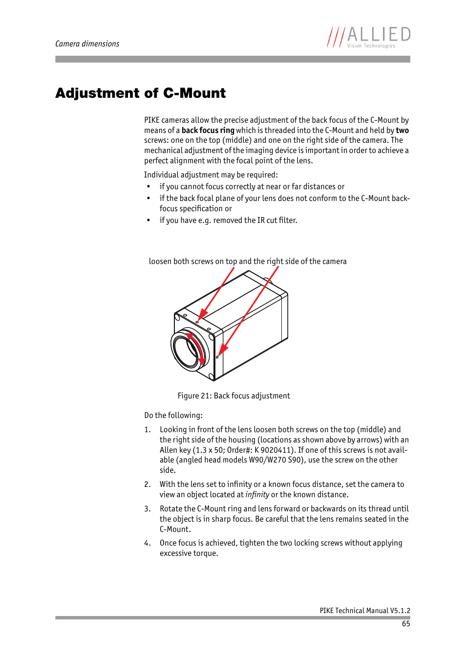 Adjustment of c-mount, Chapter, Adjust | Ment of c-mount, Figure 21: back focus adjustment | ALLIED Vision Technologies Pike F-1600 User Manual | Page 65 / 391
