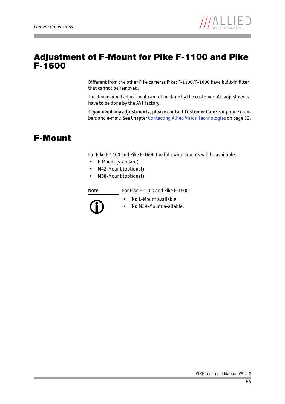 F-mount, Chapter, Adjustment of f-mount for pike f-1100 and pike f | ALLIED Vision Technologies Pike F-1600 User Manual | Page 66 / 391