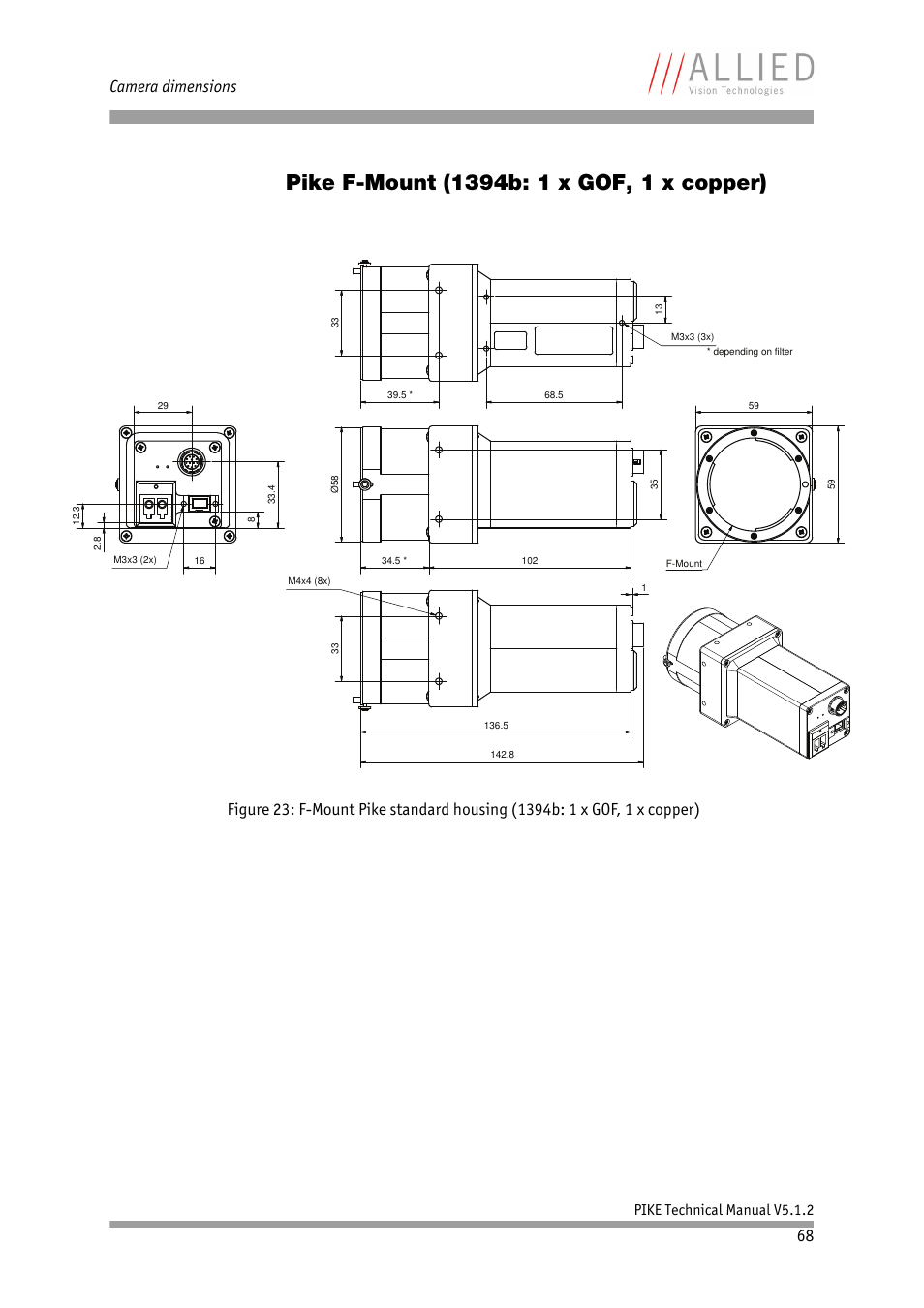 Pike f-mount (1394b: 1 x gof, 1 x copper), Camera dimensions, Pike technical manual v5.1.2 | ALLIED Vision Technologies Pike F-1600 User Manual | Page 68 / 391