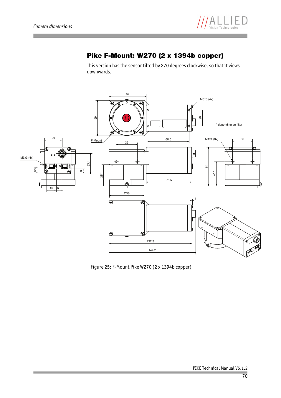 Pike f-mount: w270 (2 x 1394b copper), Chapter, Camera dimensions | Pike technical manual v5.1.2 | ALLIED Vision Technologies Pike F-1600 User Manual | Page 70 / 391