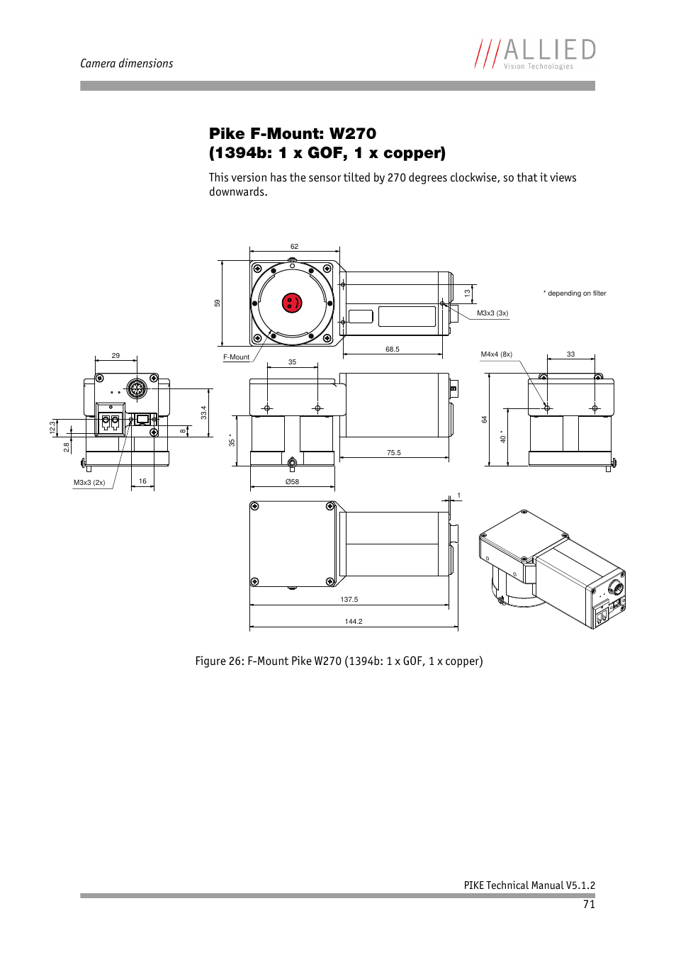 Pike f-mount: w270 (1394b: 1 x gof, 1 x copper), Pike f-mount: w270, 1394b: 1 x gof, 1 x copper) | Camera dimensions, Pike technical manual v5.1.2 | ALLIED Vision Technologies Pike F-1600 User Manual | Page 71 / 391