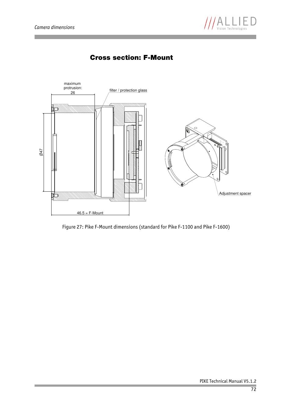 Cross section: f-mount, Chapter, F-1100 and pike f-1600) | ALLIED Vision Technologies Pike F-1600 User Manual | Page 72 / 391