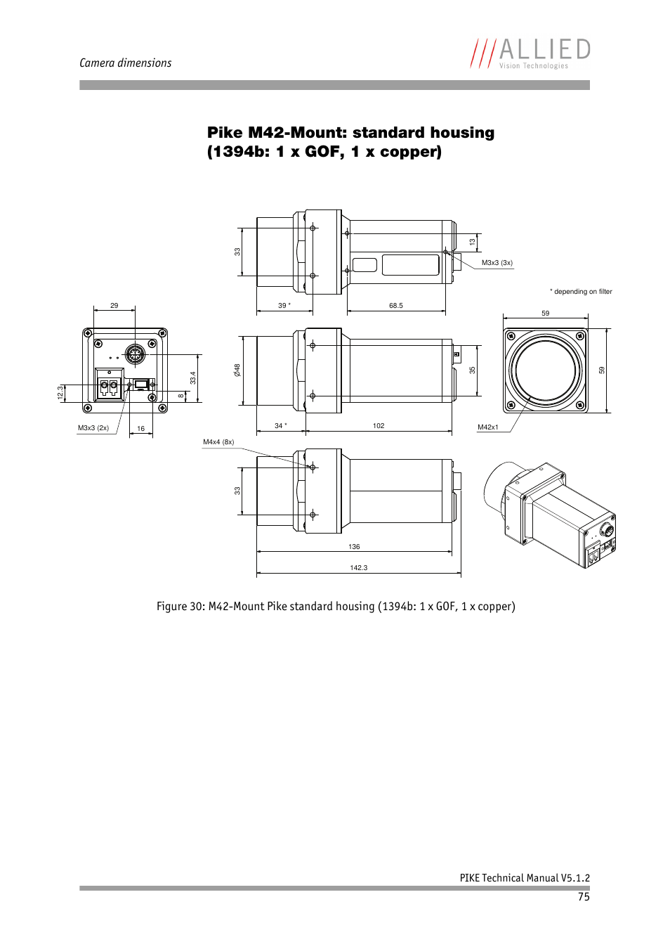 Pike m42-mount: standard housing, 1394b: 1 x gof, 1 x copper), Camera dimensions | Pike technical manual v5.1.2 | ALLIED Vision Technologies Pike F-1600 User Manual | Page 75 / 391