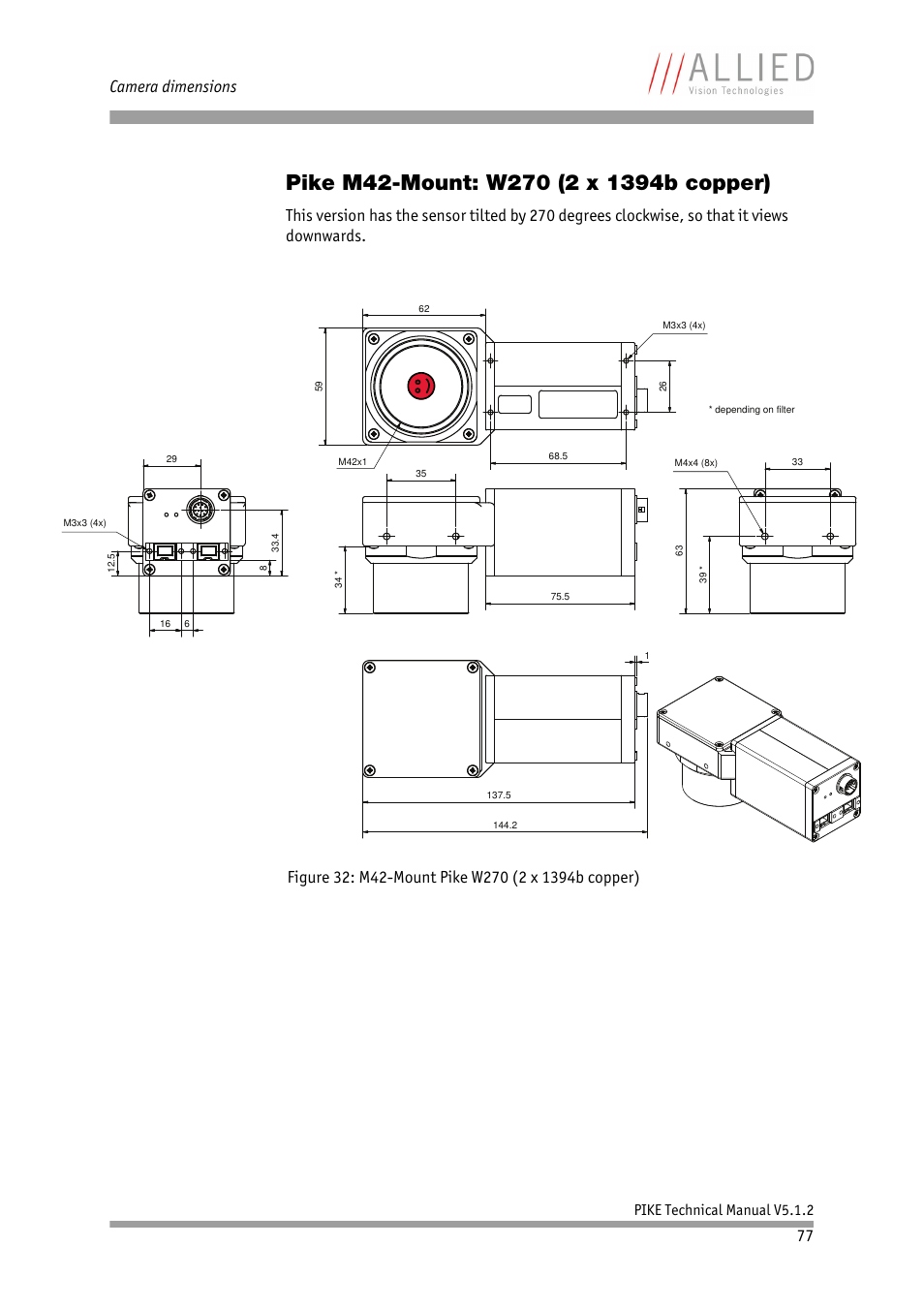 Pike m42-mount: w270 (2 x 1394b copper), Camera dimensions, Pike technical manual v5.1.2 | ALLIED Vision Technologies Pike F-1600 User Manual | Page 77 / 391