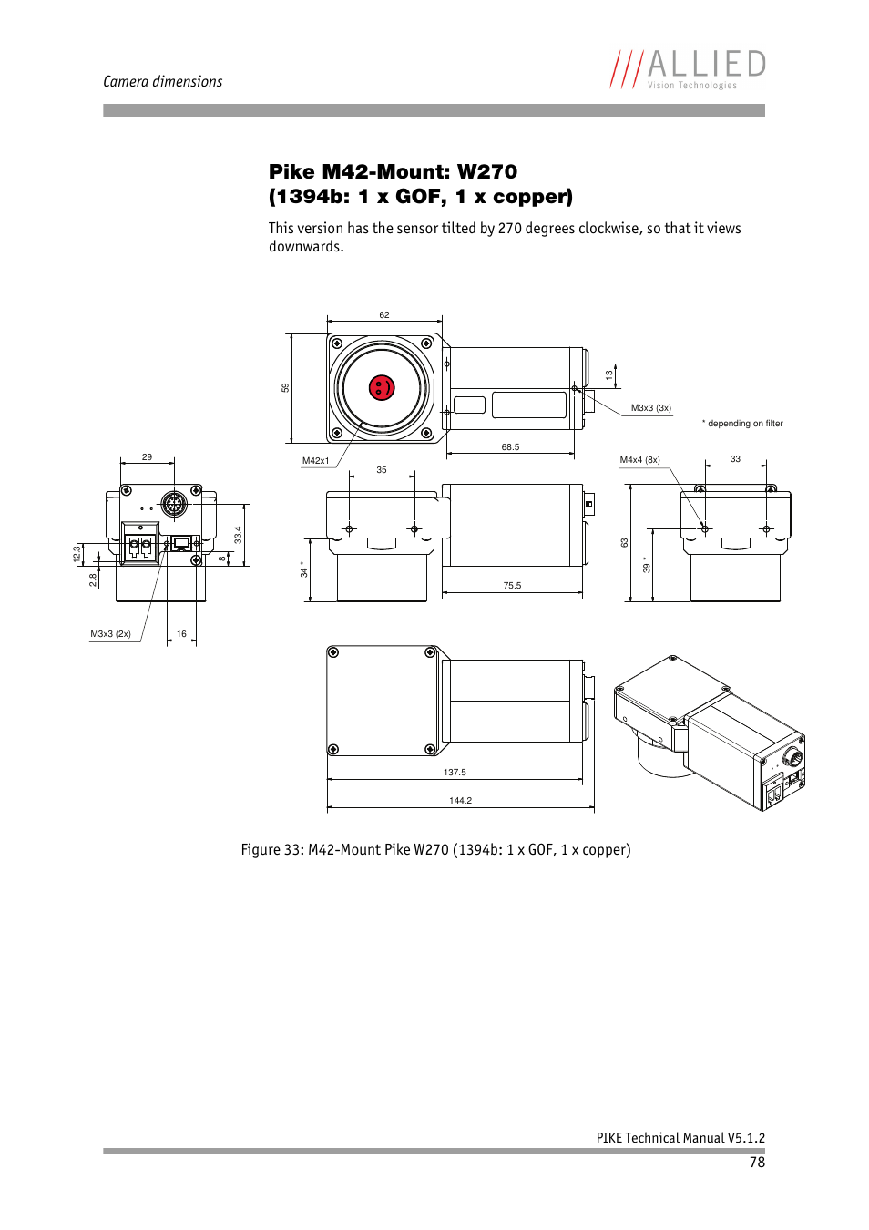 Pike m42-mount: w270 (1394b: 1 x gof, 1 x copper), Pike m42-mount: w270, 1394b: 1 x gof, 1 x copper) | Camera dimensions, Pike technical manual v5.1.2 | ALLIED Vision Technologies Pike F-1600 User Manual | Page 78 / 391