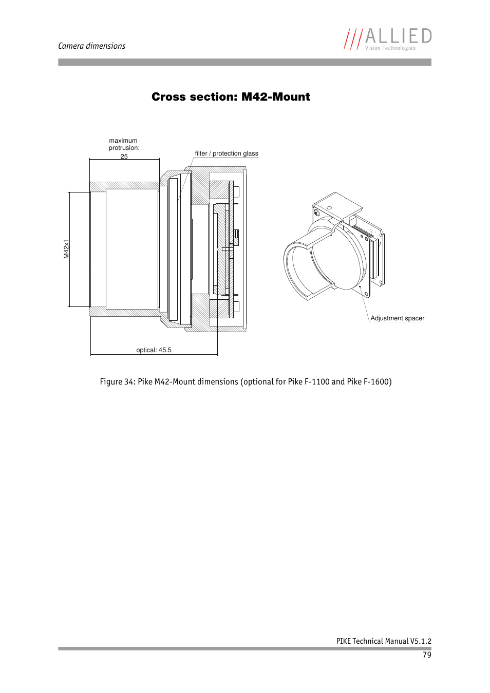 Cross section: m42-mount, Figure 34: pike m42 | ALLIED Vision Technologies Pike F-1600 User Manual | Page 79 / 391