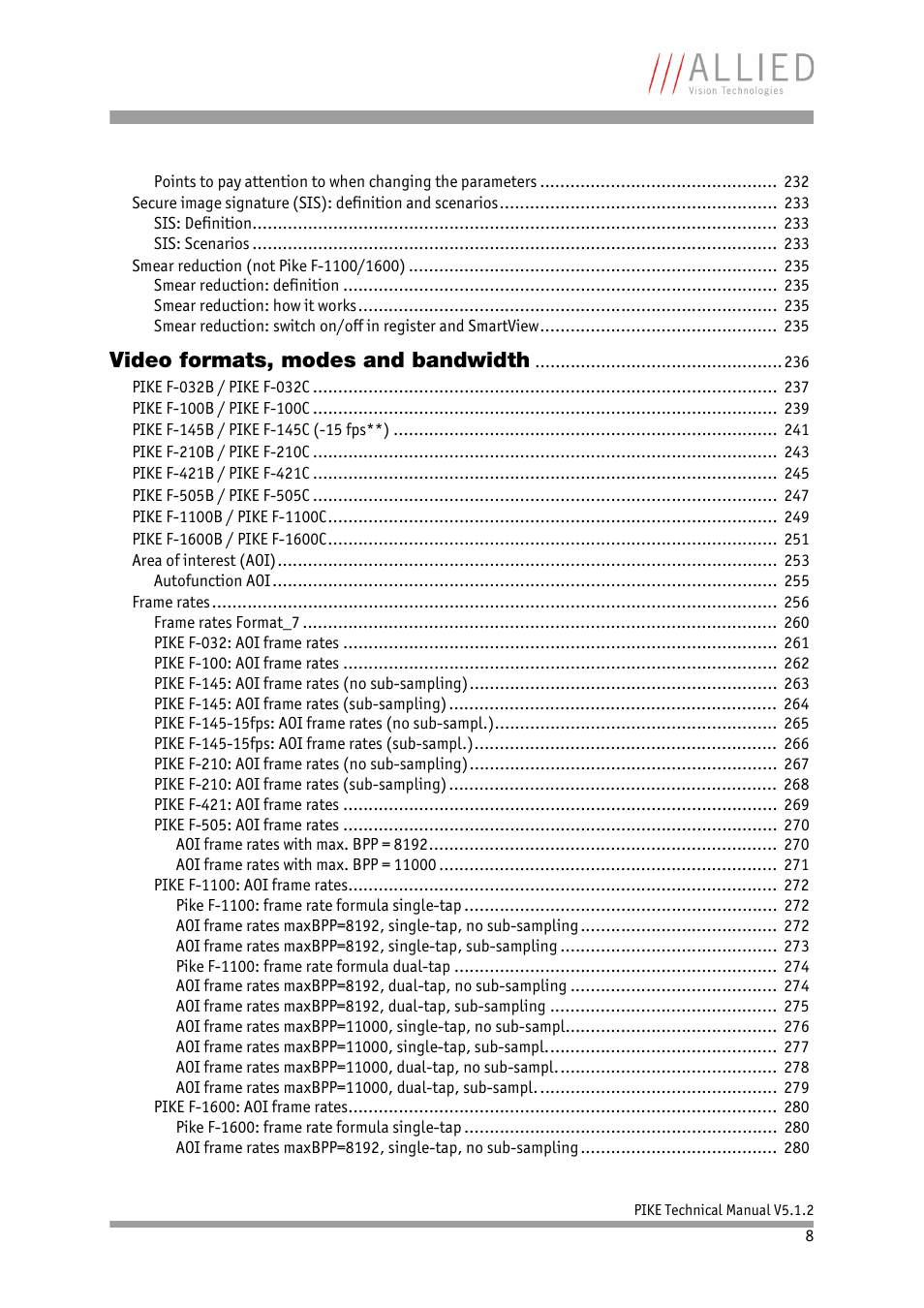 Video formats, modes and bandwidth | ALLIED Vision Technologies Pike F-1600 User Manual | Page 8 / 391