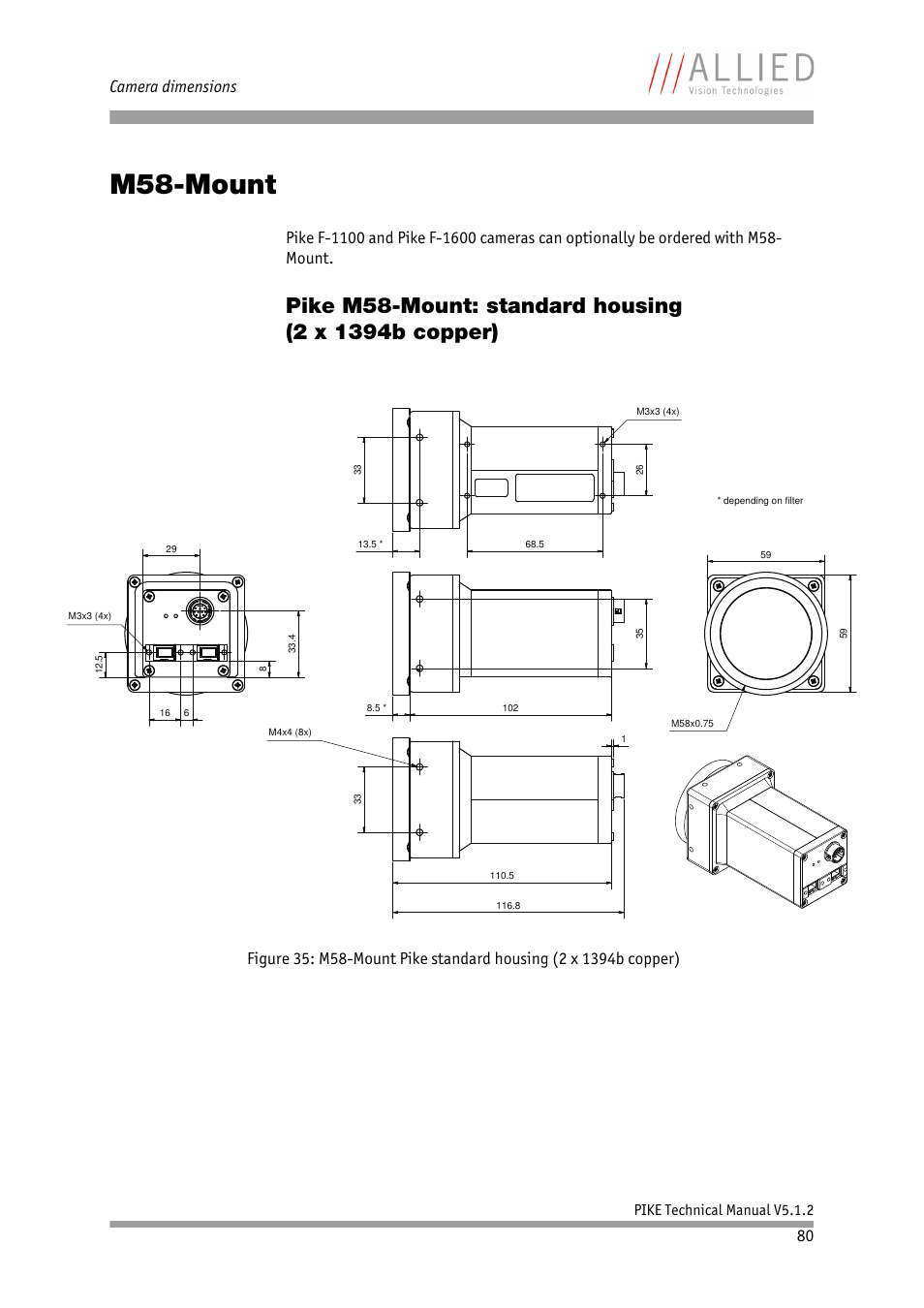 M58-mount, Pike m58-mount: standard housing, 2 x 1394b copper) | Chapter, Camera dimensions, Pike technical manual v5.1.2 | ALLIED Vision Technologies Pike F-1600 User Manual | Page 80 / 391