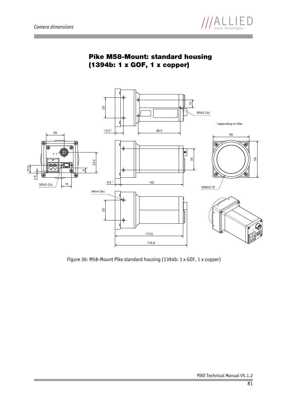 Pike m58-mount: standard housing, 1394b: 1 x gof, 1 x copper), Camera dimensions | Pike technical manual v5.1.2 | ALLIED Vision Technologies Pike F-1600 User Manual | Page 81 / 391
