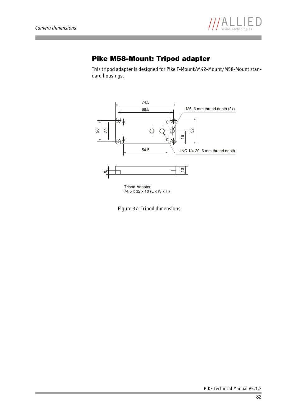 Pike m58-mount: tripod adapter, Camera dimensions | ALLIED Vision Technologies Pike F-1600 User Manual | Page 82 / 391