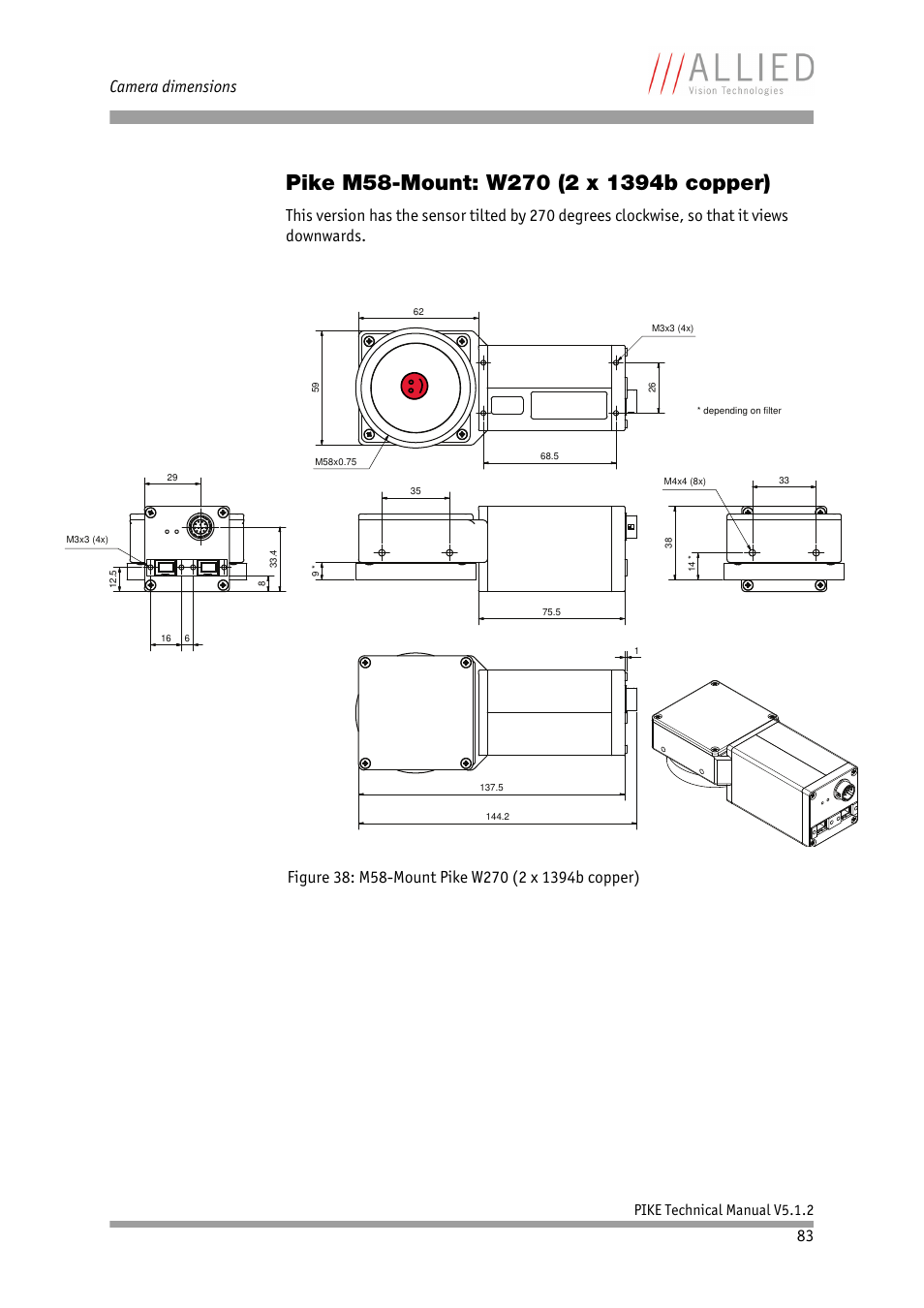 Pike m58-mount: w270 (2 x 1394b copper), Camera dimensions, Pike technical manual v5.1.2 | ALLIED Vision Technologies Pike F-1600 User Manual | Page 83 / 391