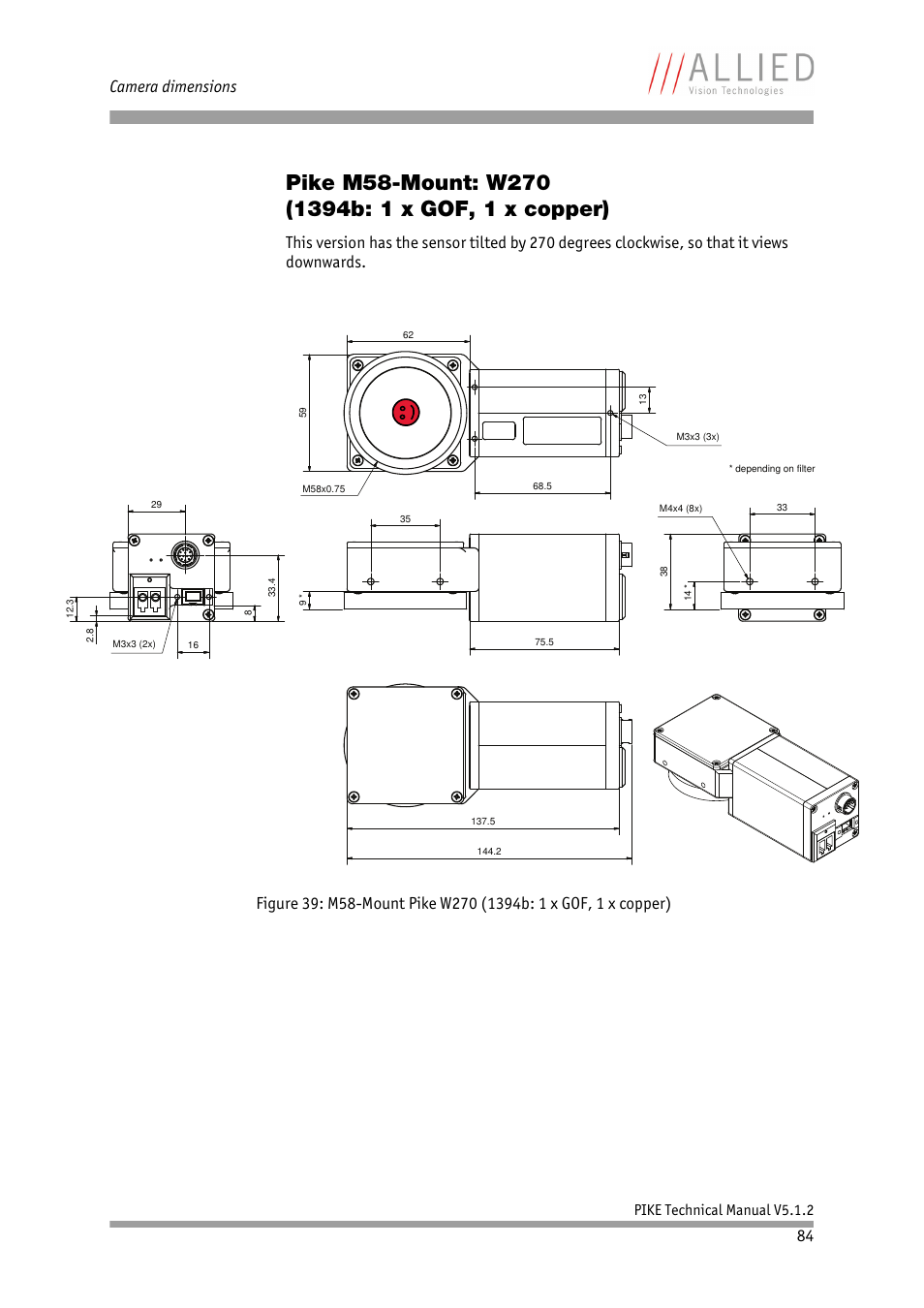 Pike m58-mount: w270 (1394b: 1 x gof, 1 x copper), Pike m58-mount: w270, 1394b: 1 x gof, 1 x copper) | Camera dimensions, Pike technical manual v5.1.2 | ALLIED Vision Technologies Pike F-1600 User Manual | Page 84 / 391