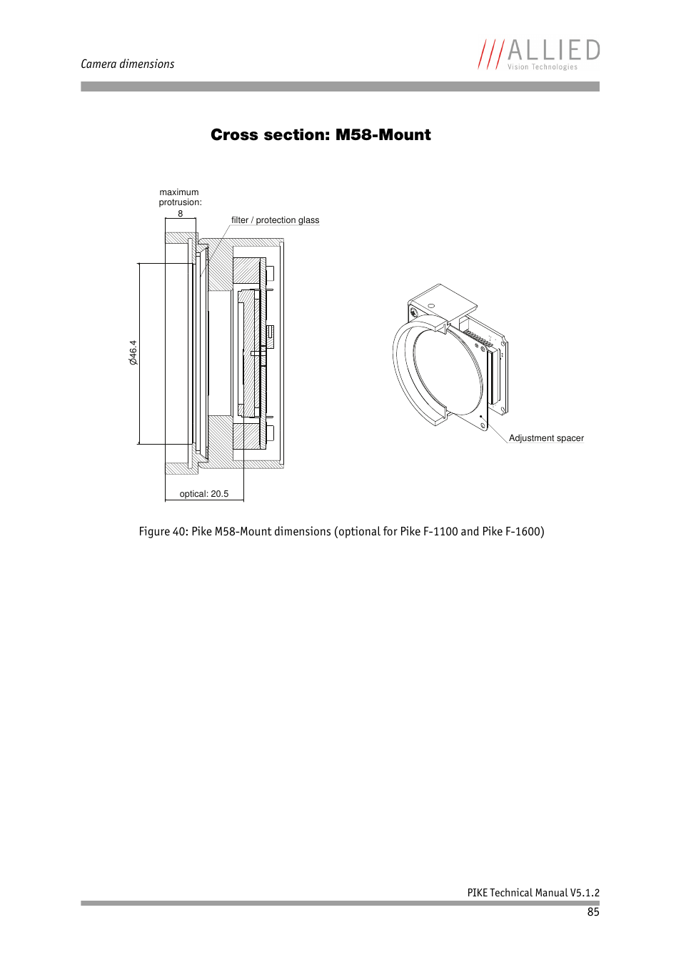 Cross section: m58-mount, Figure 40: pike m58-mount dimen, Sions (optional for pike f-1100 and pike f-1600) | ALLIED Vision Technologies Pike F-1600 User Manual | Page 85 / 391