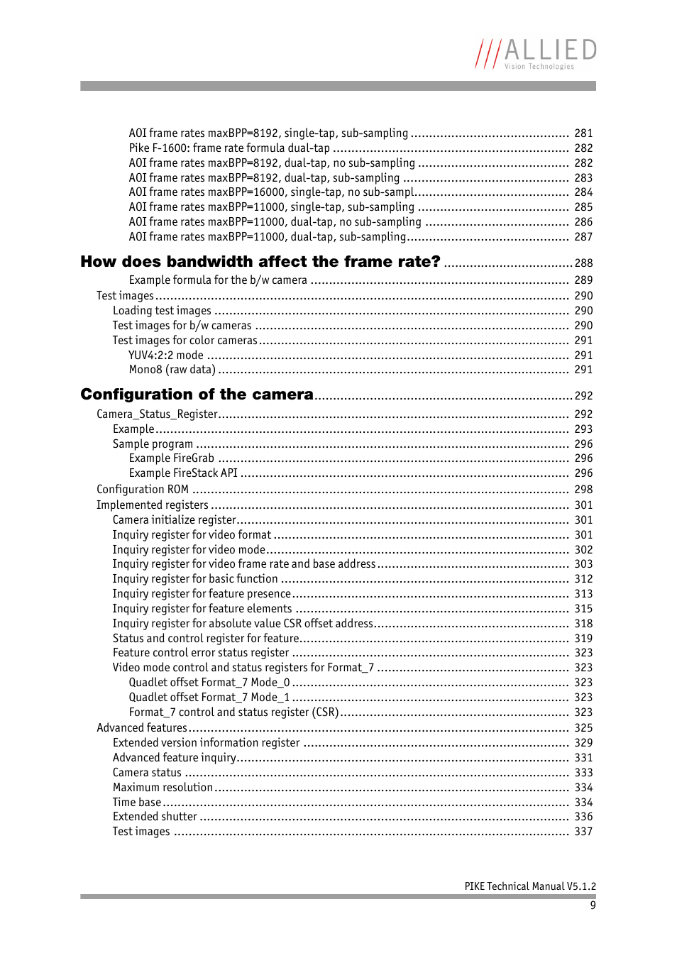 How does bandwidth affect the frame rate, Configuration of the camera | ALLIED Vision Technologies Pike F-1600 User Manual | Page 9 / 391