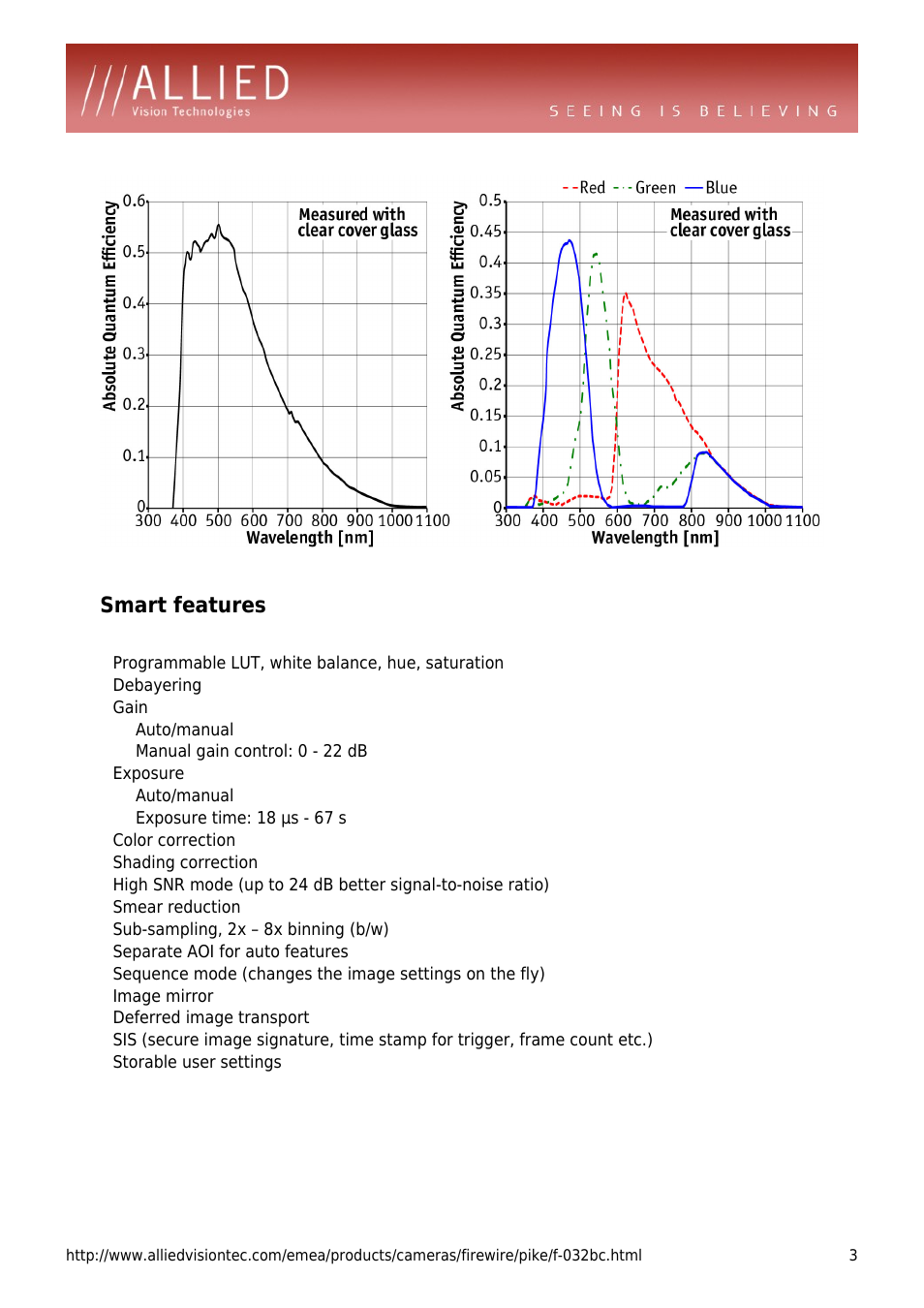 Smart features, Programmable lut, white balance, hue, saturation, Debayering | Gain, Auto/manual, Manual gain control: 0 - 22 db, Exposure, Exposure time: 18 µs - 67 s, Color correction, Shading correction | ALLIED Vision Technologies Pike F-032 User Manual | Page 3 / 4