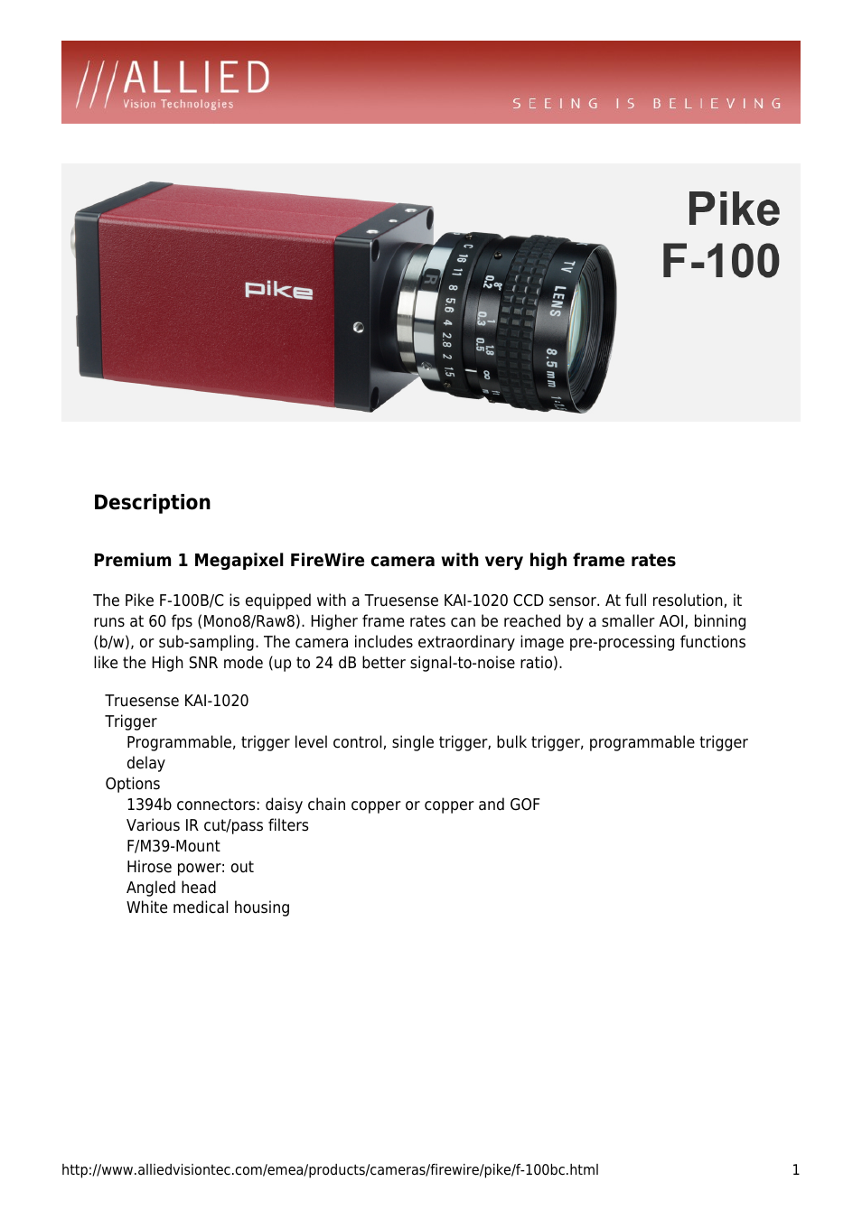 ALLIED Vision Technologies Pike F-100 User Manual | 4 pages
