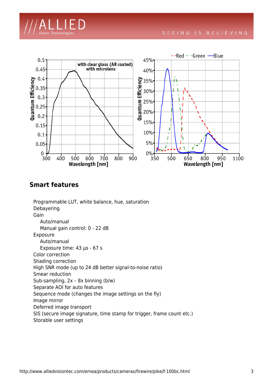 Smart features, Programmable lut, white balance, hue, saturation, Debayering | Gain, Auto/manual, Manual gain control: 0 - 22 db, Exposure, Exposure time: 43 µs - 67 s, Color correction, Shading correction | ALLIED Vision Technologies Pike F-100 User Manual | Page 3 / 4