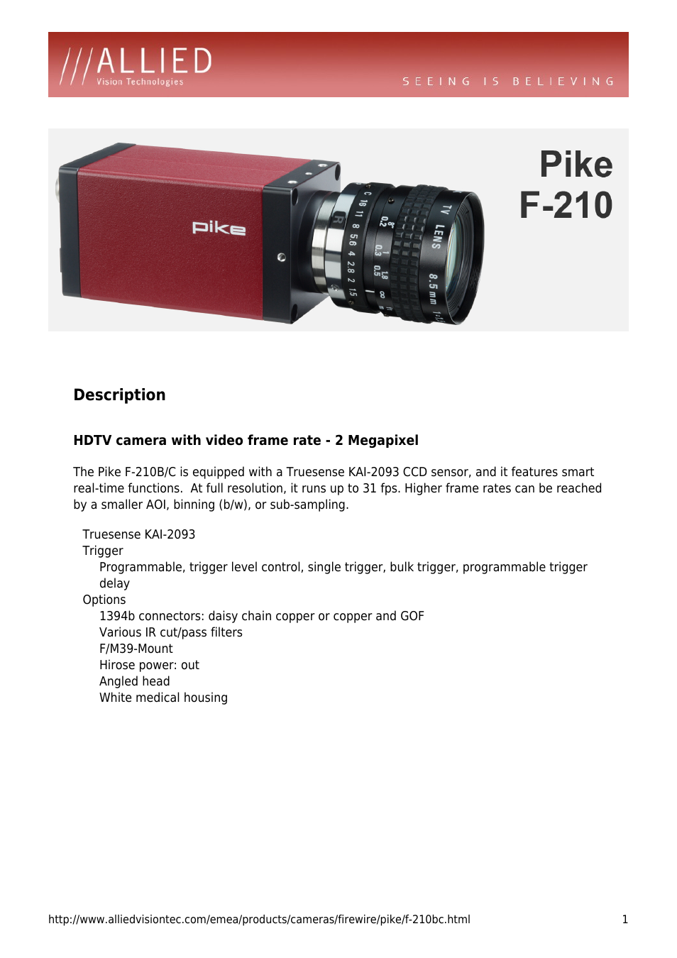 ALLIED Vision Technologies Pike F-210 User Manual | 4 pages