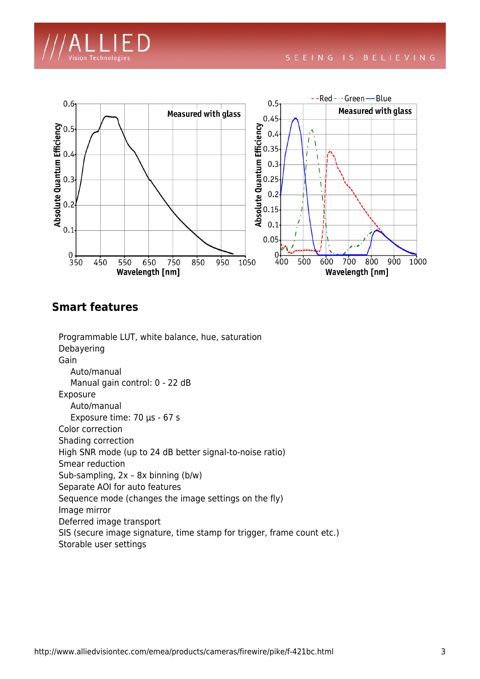 Smart features, Programmable lut, white balance, hue, saturation, Debayering | Gain, Auto/manual, Manual gain control: 0 - 22 db, Exposure, Exposure time: 70 µs - 67 s, Color correction, Shading correction | ALLIED Vision Technologies Pike F-421 User Manual | Page 3 / 4