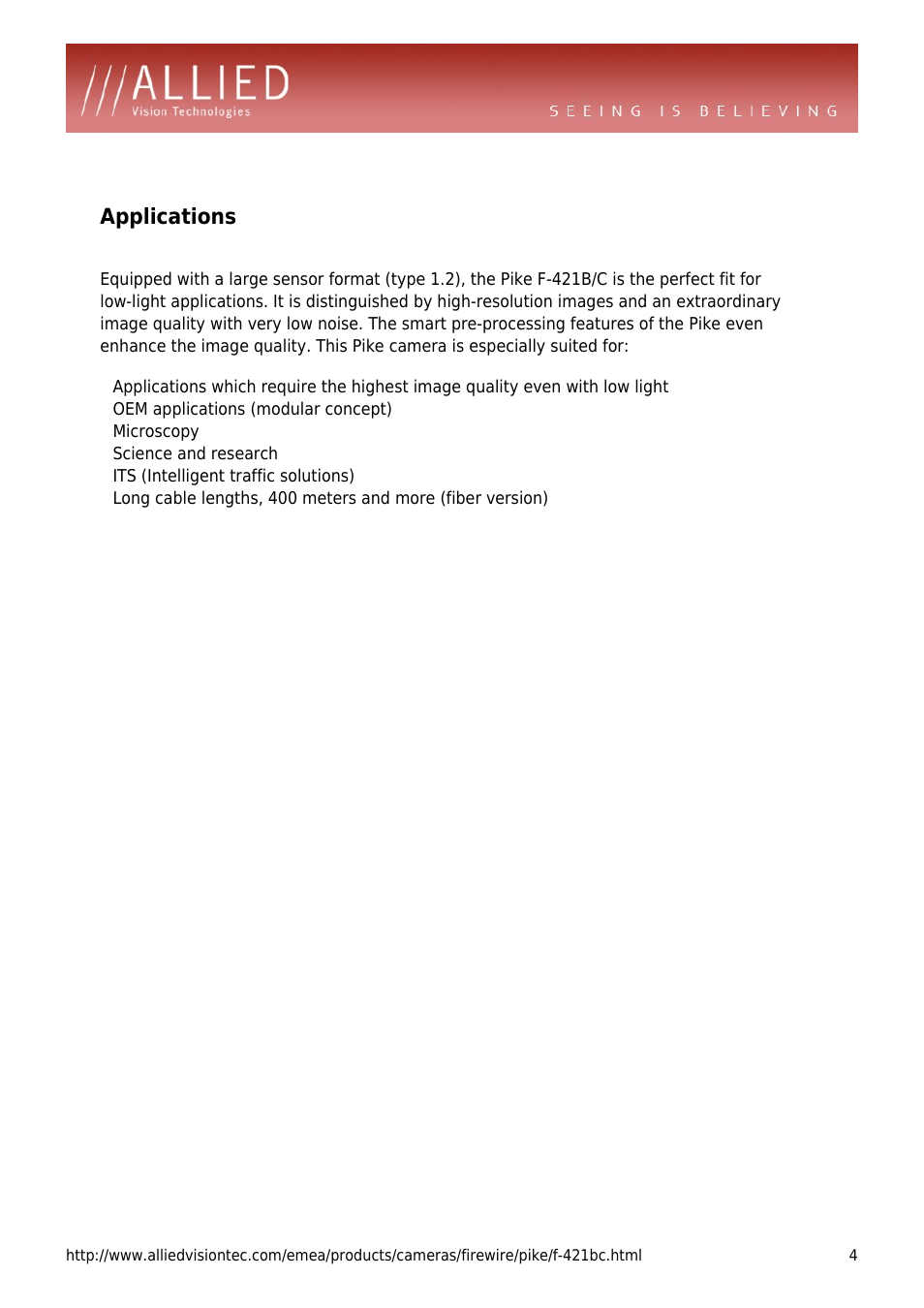 Applications, Oem applications (modular concept), Microscopy | Science and research, Its (intelligent traffic solutions) | ALLIED Vision Technologies Pike F-421 User Manual | Page 4 / 4