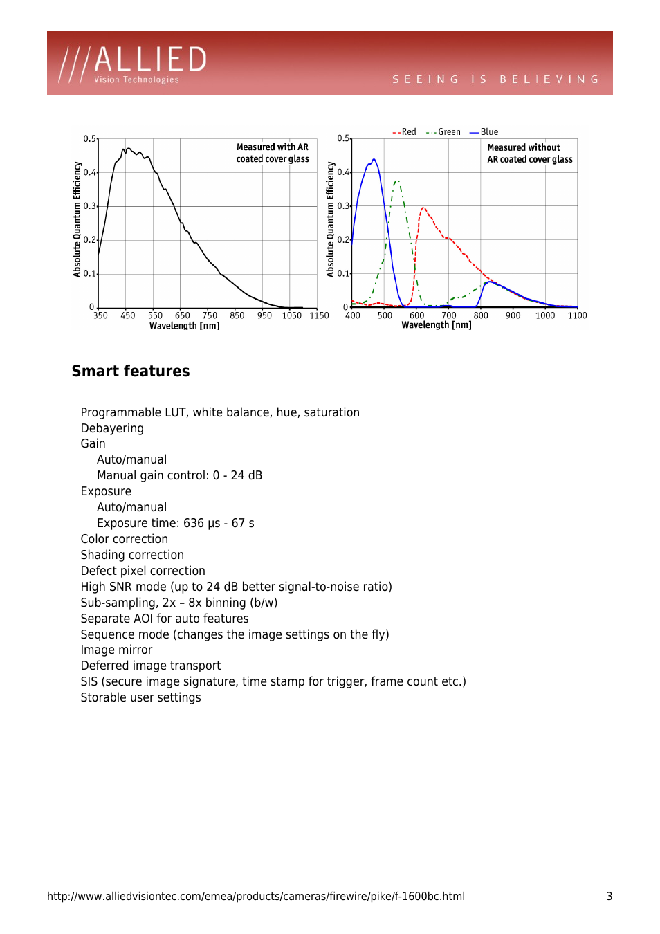 Smart features, Programmable lut, white balance, hue, saturation, Debayering | Gain, Auto/manual, Manual gain control: 0 - 24 db, Exposure, Color correction, Shading correction, Defect pixel correction | ALLIED Vision Technologies Pike F-1600 User Manual | Page 3 / 4