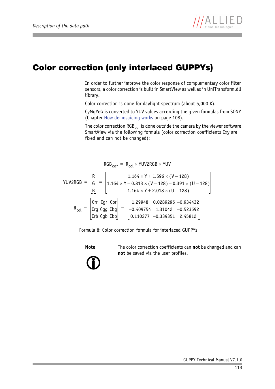 Color correction (only interlaced guppys), Chapter, Color correction (only inter | Laced guppys) | ALLIED Vision Technologies Guppy F-503 User Manual | Page 113 / 293