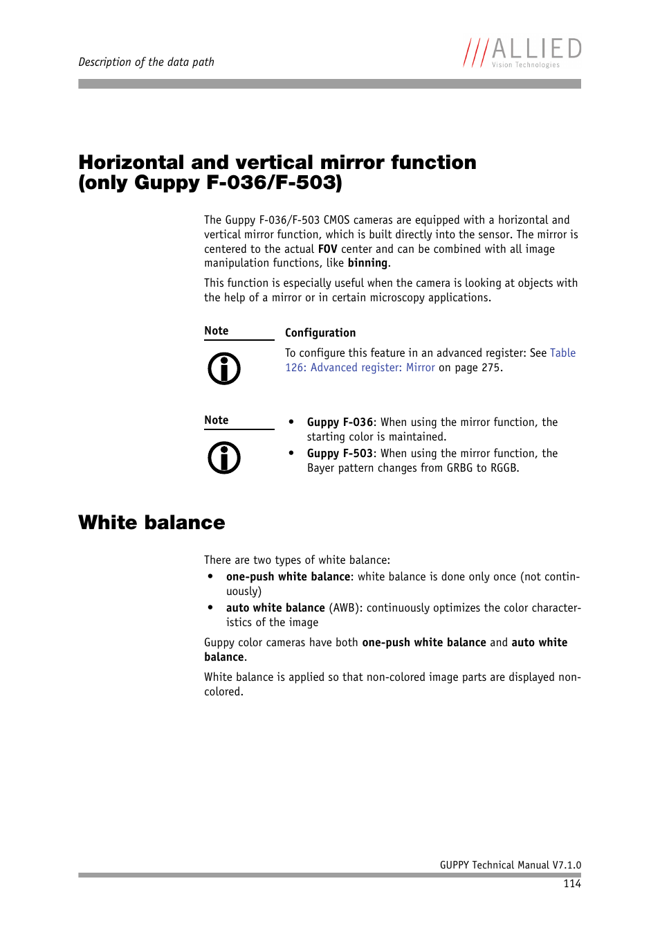 White balance, Chapter, Horizontal and vertical mirror function (only | Guppy f-036/f-503), Vised chapter | ALLIED Vision Technologies Guppy F-503 User Manual | Page 114 / 293