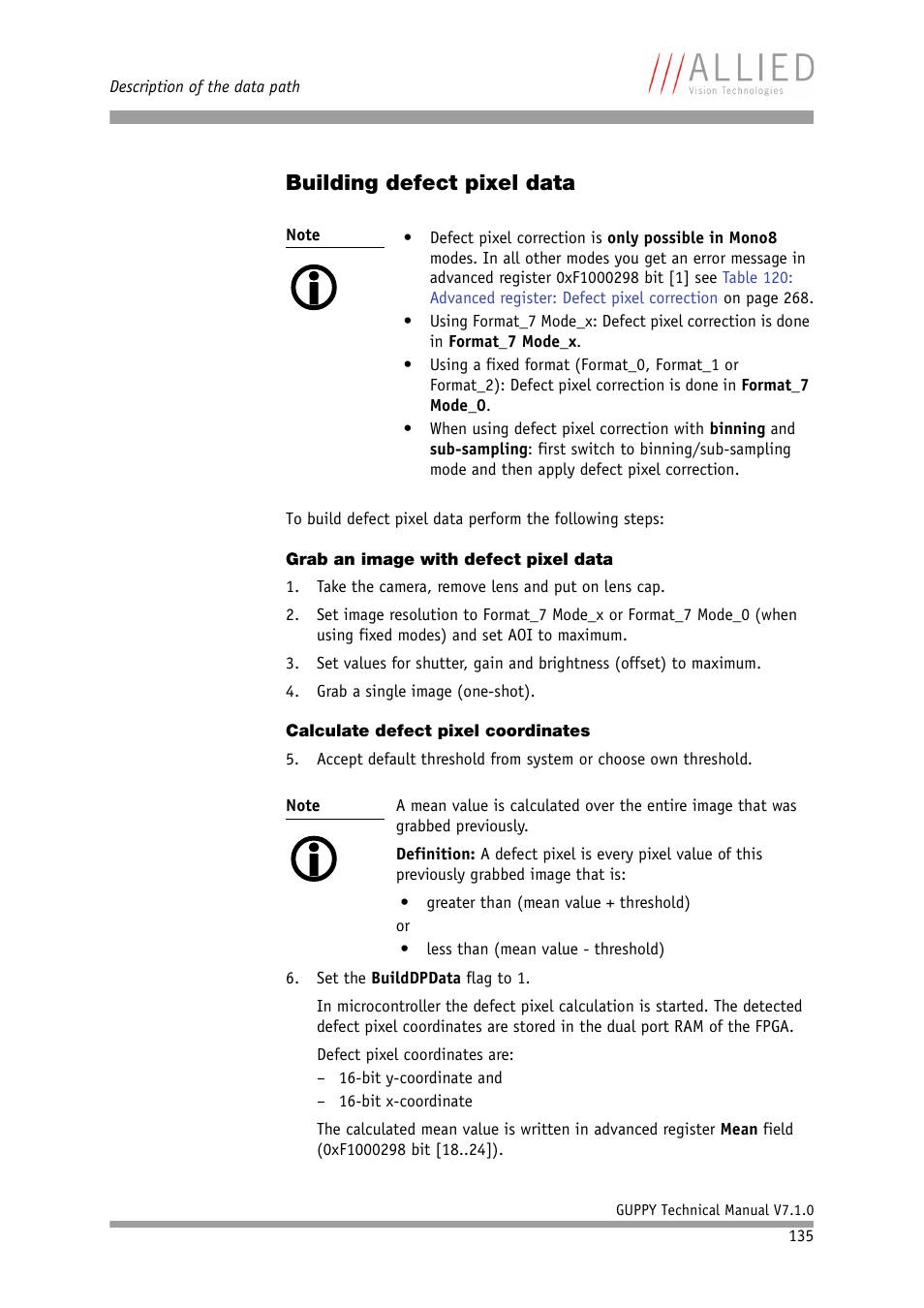 Building defect pixel data, Grab an image with defect pixel data, Calculate defect pixel coordinates | ALLIED Vision Technologies Guppy F-503 User Manual | Page 135 / 293