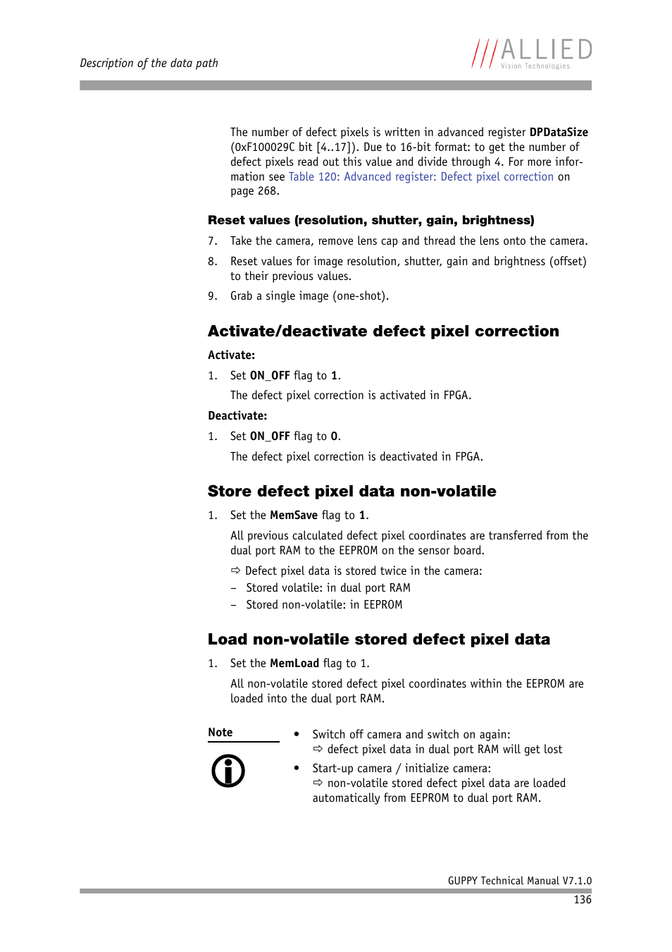 Activate/deactivate defect pixel correction, Store defect pixel data non-volatile, Load non-volatile stored defect pixel data | ALLIED Vision Technologies Guppy F-503 User Manual | Page 136 / 293
