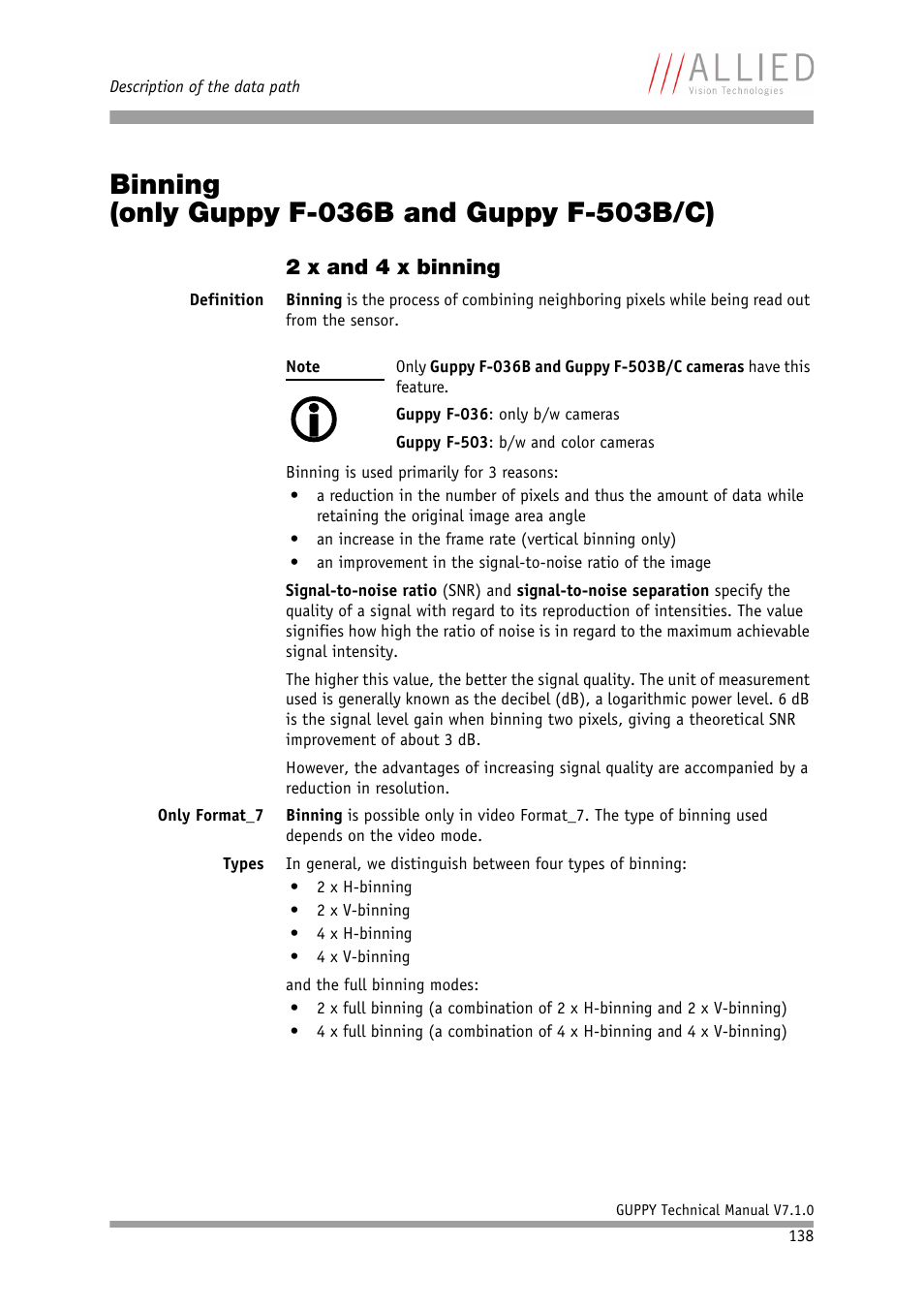 Binning (only guppy f-036b and guppy f-503b/c), 2 x and 4 x binning, Chapter | Binning (only guppy f-036b and guppy f-503b | ALLIED Vision Technologies Guppy F-503 User Manual | Page 138 / 293