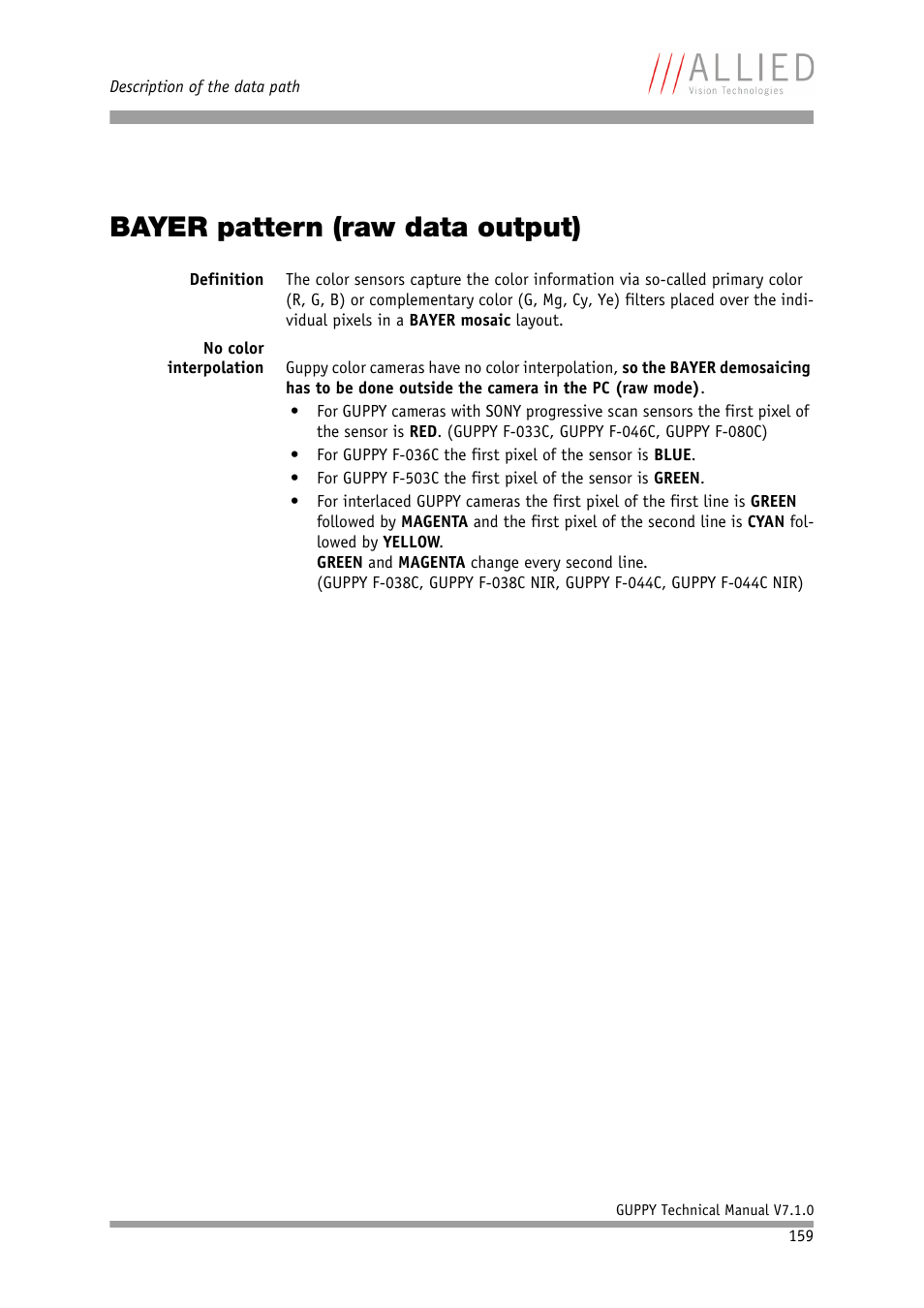Bayer pattern (raw data output), See chapter | ALLIED Vision Technologies Guppy F-503 User Manual | Page 159 / 293