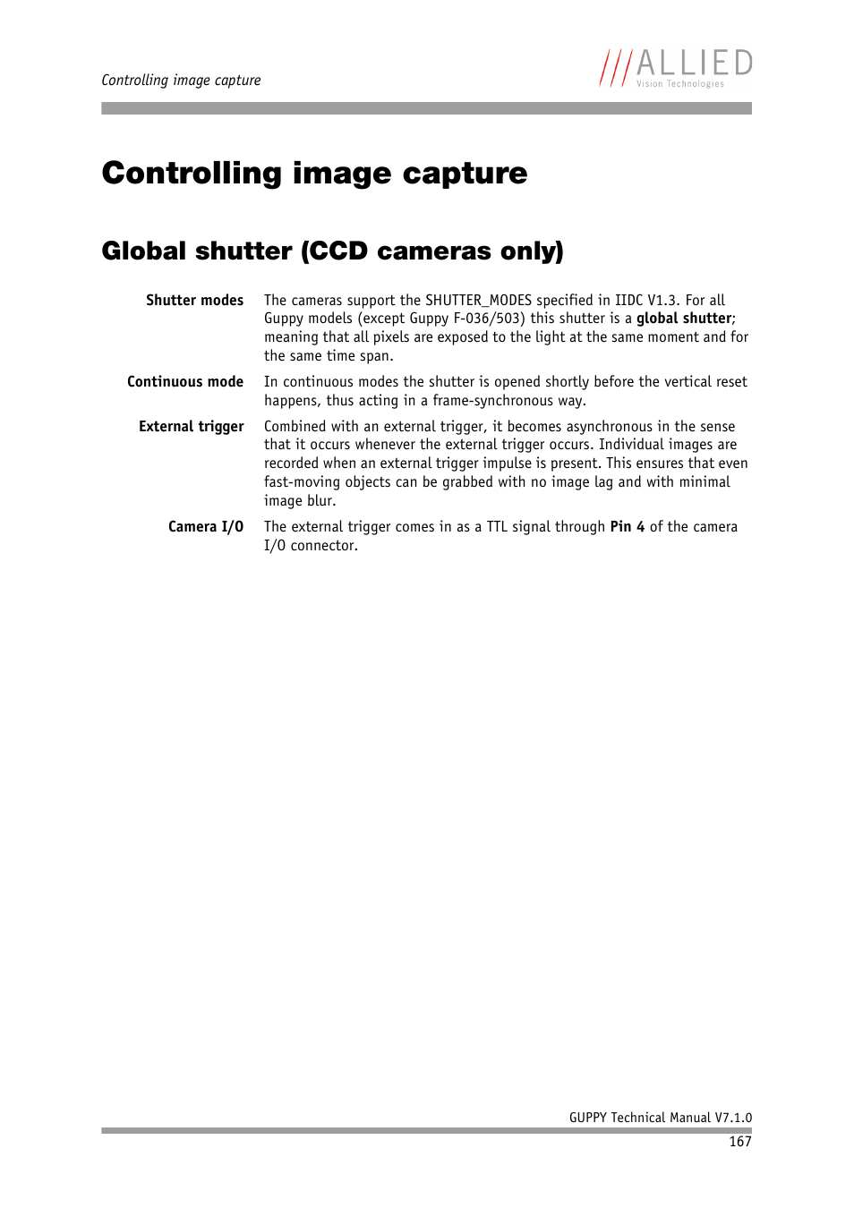 Controlling image capture, Global shutter (ccd cameras only), Ised chapter | 167; ad, In chapter, Chapter | ALLIED Vision Technologies Guppy F-503 User Manual | Page 167 / 293
