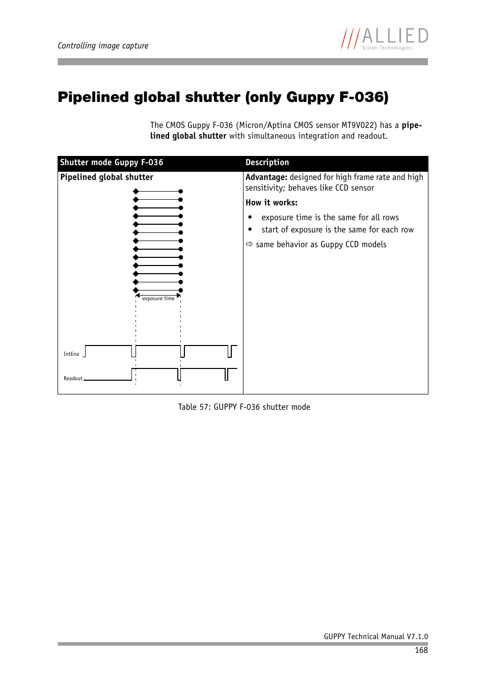 Pipelined global shutter (only guppy f-036) | ALLIED Vision Technologies Guppy F-503 User Manual | Page 168 / 293