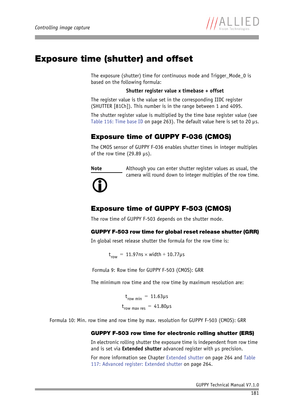 Exposure time (shutter) and offset, Exposure time of guppy f-036 (cmos), Exposure time of guppy f-503 (cmos) | Chapter | ALLIED Vision Technologies Guppy F-503 User Manual | Page 181 / 293