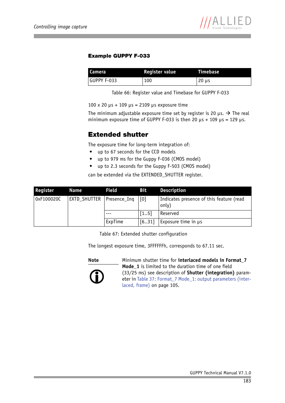 Example guppy f-033, Extended shutter | ALLIED Vision Technologies Guppy F-503 User Manual | Page 183 / 293