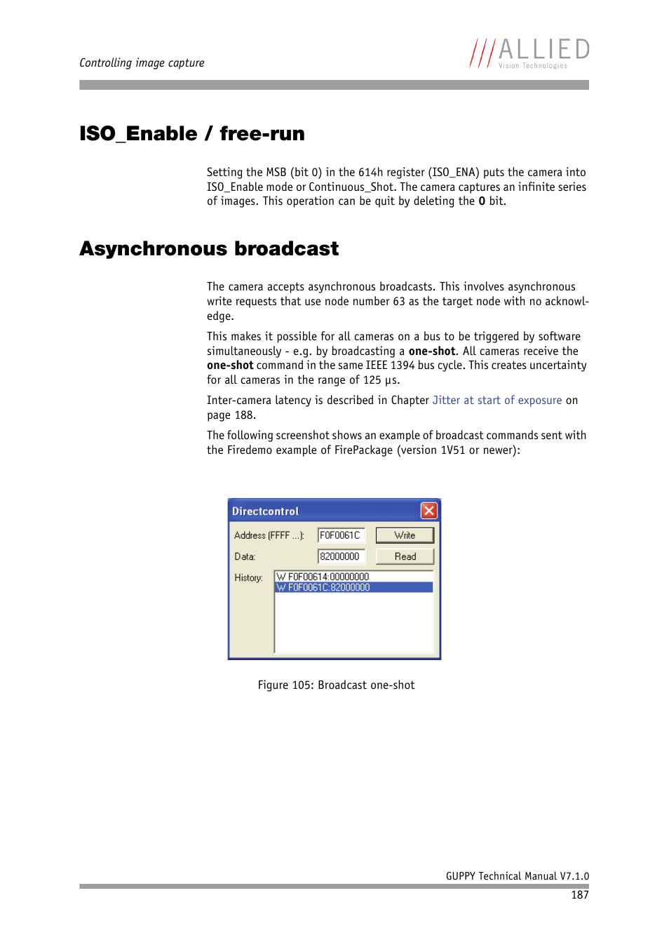 Iso_enable / free-run, Asynchronous broadcast, Iso_enable / free-run asynchronous broadcast | Chapter | ALLIED Vision Technologies Guppy F-503 User Manual | Page 187 / 293