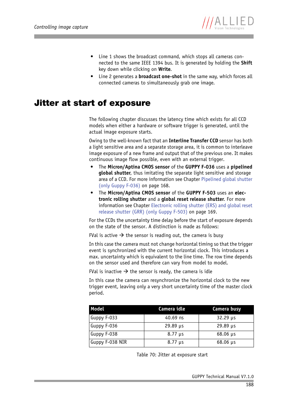 Jitter at start of exposure, Table 70: jitter at exposure start, E also chapter | In chapter | ALLIED Vision Technologies Guppy F-503 User Manual | Page 188 / 293