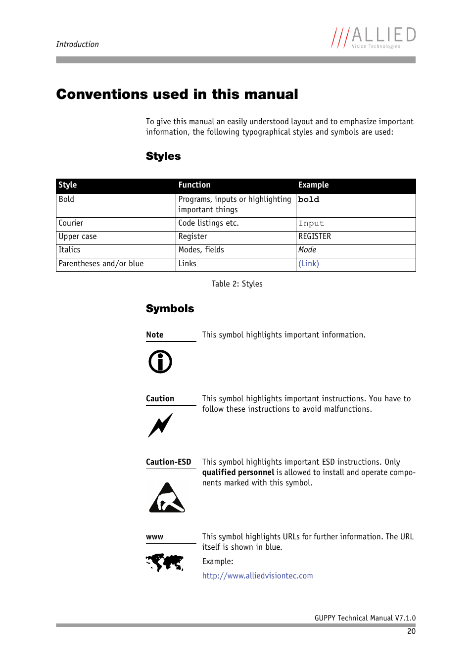 Conventions used in this manual, Styles, Symbols | Styles symbols | ALLIED Vision Technologies Guppy F-503 User Manual | Page 20 / 293