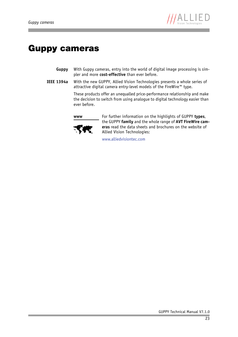 Guppy cameras, Ter in chapter, Ts to chap- ter | Chapter | ALLIED Vision Technologies Guppy F-503 User Manual | Page 23 / 293