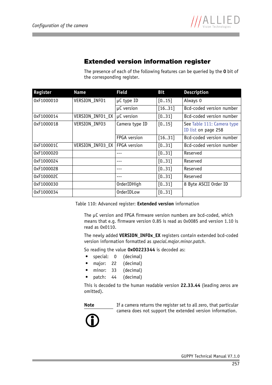 Extended version information register, Ion in chap- ter, Table 110: advanced register: extended version | Information | ALLIED Vision Technologies Guppy F-503 User Manual | Page 257 / 293