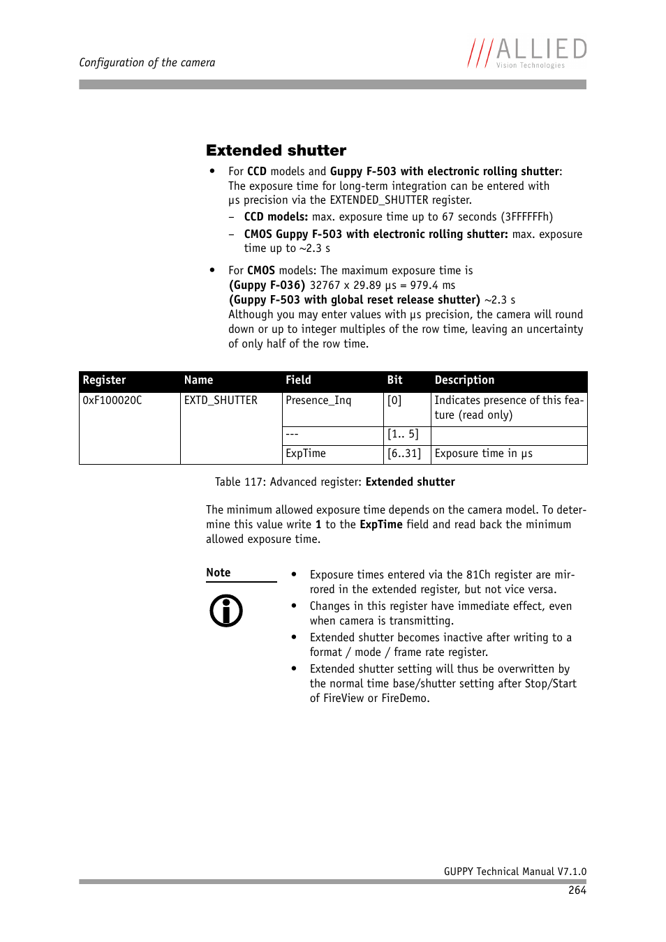 Extended shutter, In chapter, E chapter | Table, Advanced register: extended shutter, Table 117: advanced register: extended shutter | ALLIED Vision Technologies Guppy F-503 User Manual | Page 264 / 293